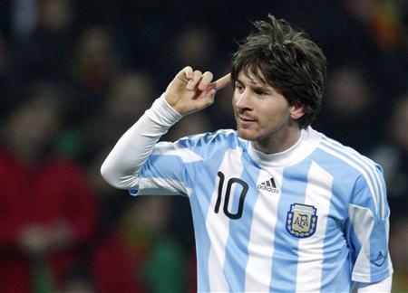 Argentina's Messi celebrates his goal during their international friendly match against Portugal in Geneva