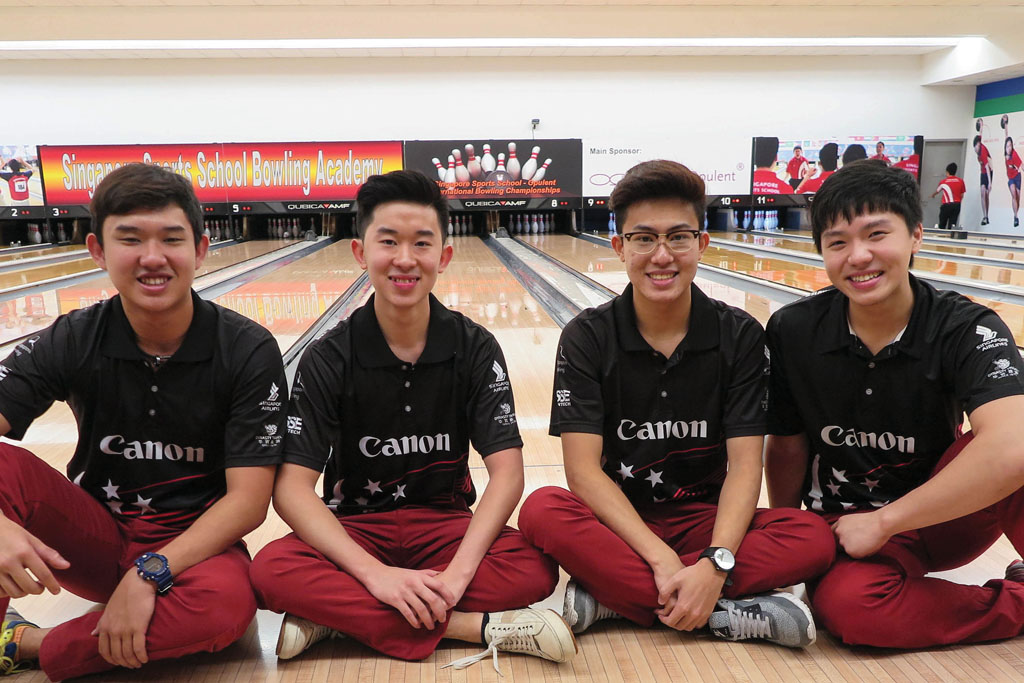 All smiles: Muhammed Jaris Goh (first from left), who deferred his studies for a year to train for the upcoming SEA games, is confident of making the cut for the national team.  Photo COURTESY OF: SINGAPORE BOWLING FEDERATION