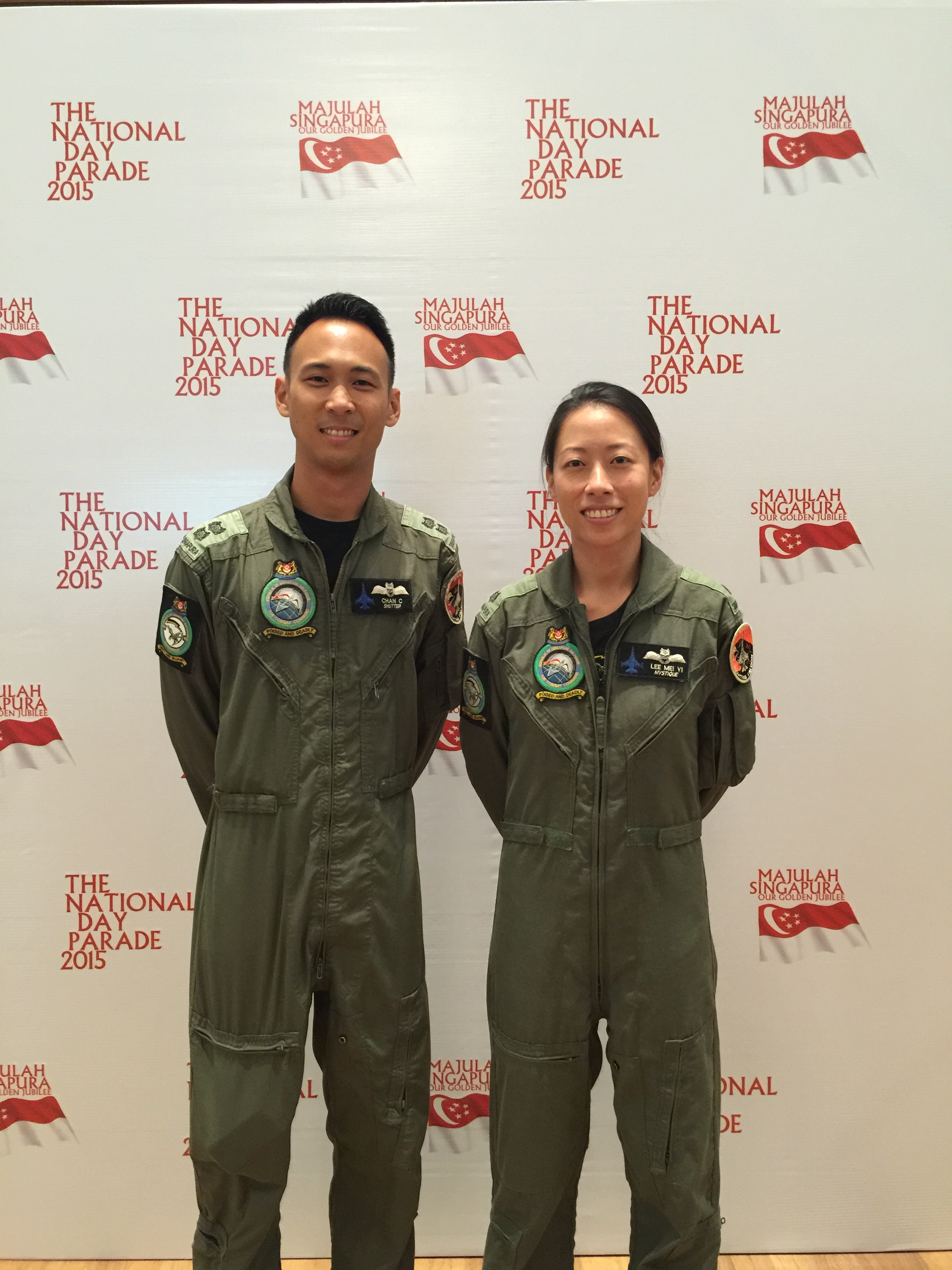 FIRST TO FLY: LTC Chan Ching Hao (Left), will be joined by the first female fighter pilot to participate in the NDP MAJ Lee Mei Yi (Right), to execute the “50” formation flypast comprising of 20 F-16s. Photo: Cherie Quek