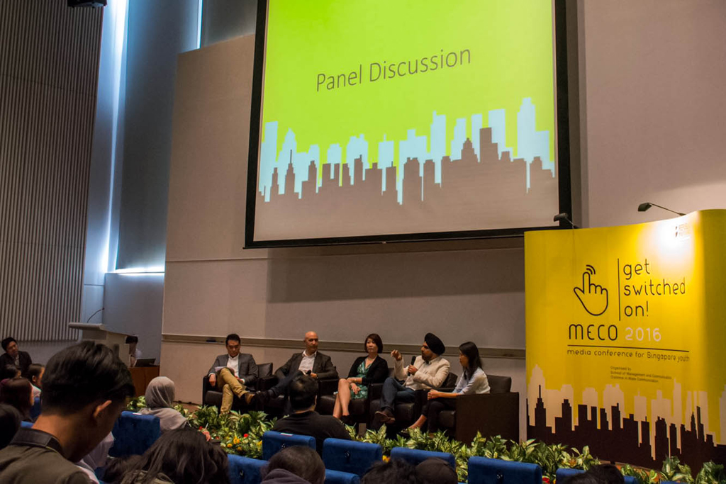 DEEP IN DISCUSSION: Guests at the inaugural Media Conference, organised by RP's School of Management and Communication, shared insights about the future of the media industry in a panel discussion moderated by RP lecturer Daniel Chua (extreme left). The panel consisted of (from left) Mr Shan Mitchell, Chief Digital Officer, Mediacorp, Ms Angeline Poh, Assistant Chief Executive, MDA, Mr Harpeeet Kaintel, Head of Analytics & Insights Practice AP, Publicis Media, and Ms Chan Yi Wen, Chief Executive, Bolt Media. (PHOTO: NUR KHALISA BTE MOHAMED SANI)