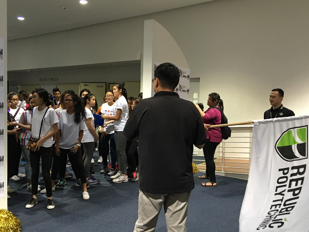 RARING TO GO: Participants from 10 different secondary schools waited for the flag-off to begin during the second half of the Hospitality Race that took place within the RP campus. Participants were required to look for SOH labs and complete challenges there. (Photo: Yeo Pei Yun) 