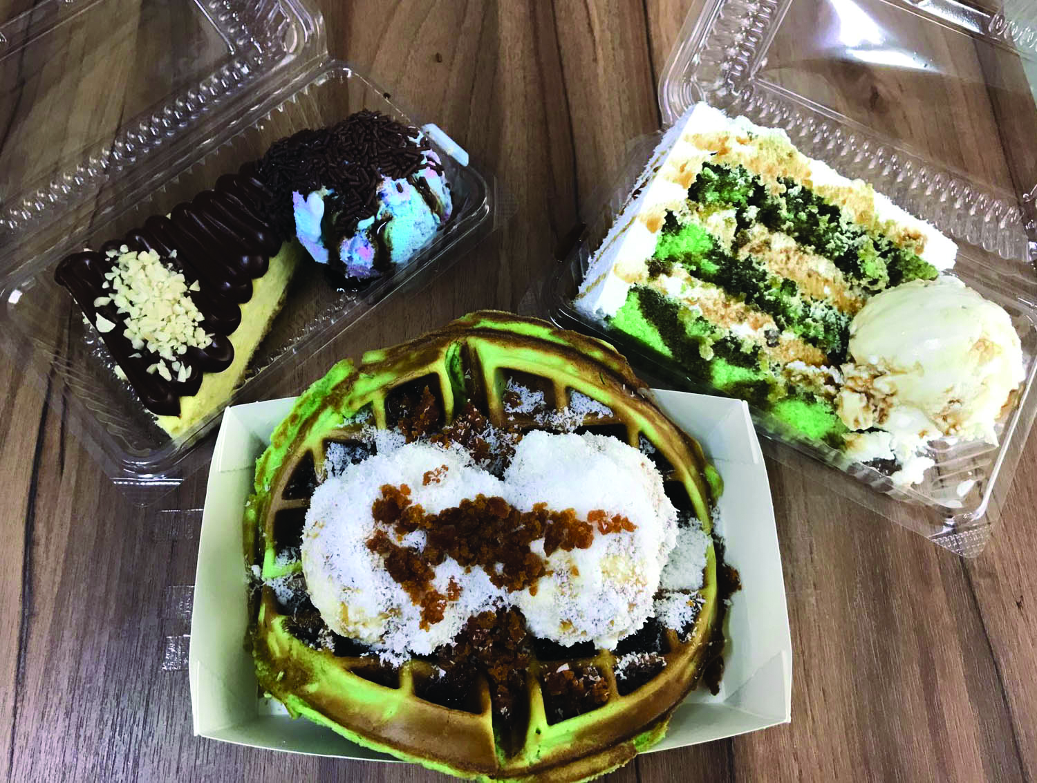 ONE IS NEVER ENOUGH: The Ondeh-Ondeh cake, Ondeh-Ondeh Waffle with Coconut ice-cream and Nutella cheesecake are the three must-try desserts which will make you regret nothing as it’s filled with pure goodness. PHOTO: Arifah Rahmat